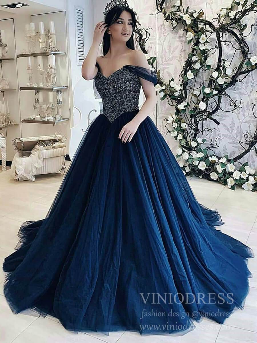 Dark Blue Beaded Long Prom Dresses Off ...